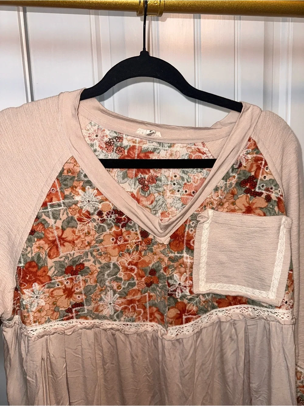 POL Size Small Oversized Boho Floral Patchwork V-Neck Tunic Top - Beige